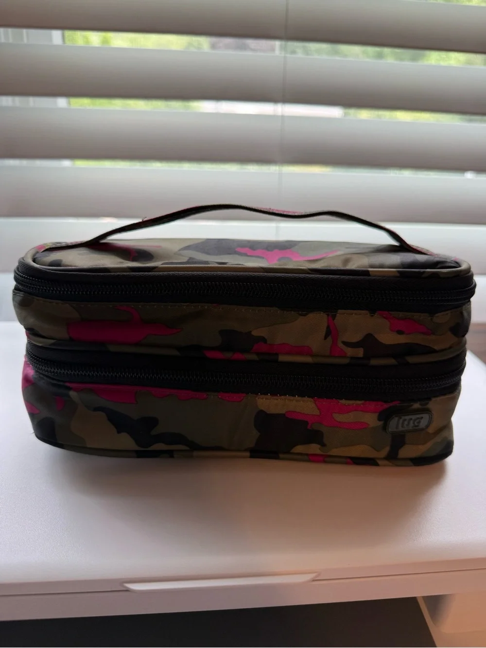 Lug brand olive/pink/black Camo Cosmetic Case with lots of storage sections